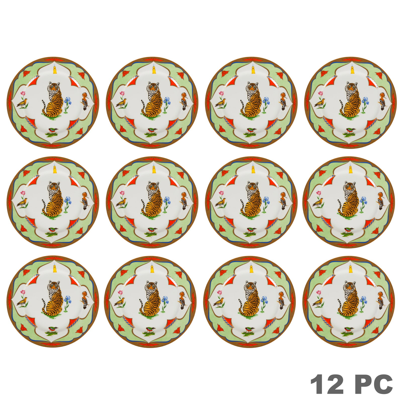 Lynn Chase Porcelain Tiger Raj Dinner Plates 12pc: Lynn Chase Designs set of 12 "Tiger Raj" porcelain dinner plates, each featuring a central Royal Bengal tiger surrounded by colorful birds, flowers, and Indian-inspired architectural motifs, with pale