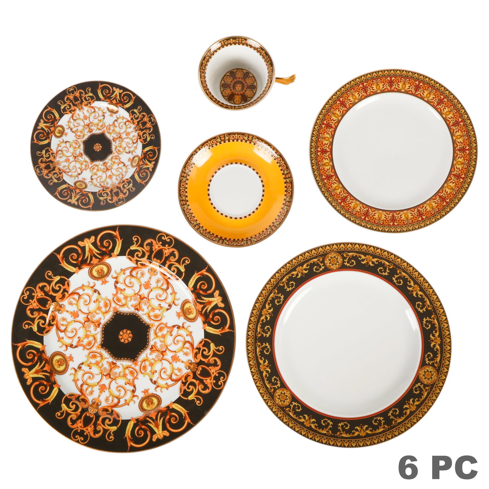 Rosenthal Versace Barocco Medusa Porcelain 6pc LOT: Rosenthal Versace six-piece porcelain tableware collection featuring the iconic Barocco and Medusa patterns, richly decorated in black, white, red, and gilt with scrolling foliate motifs and Classical