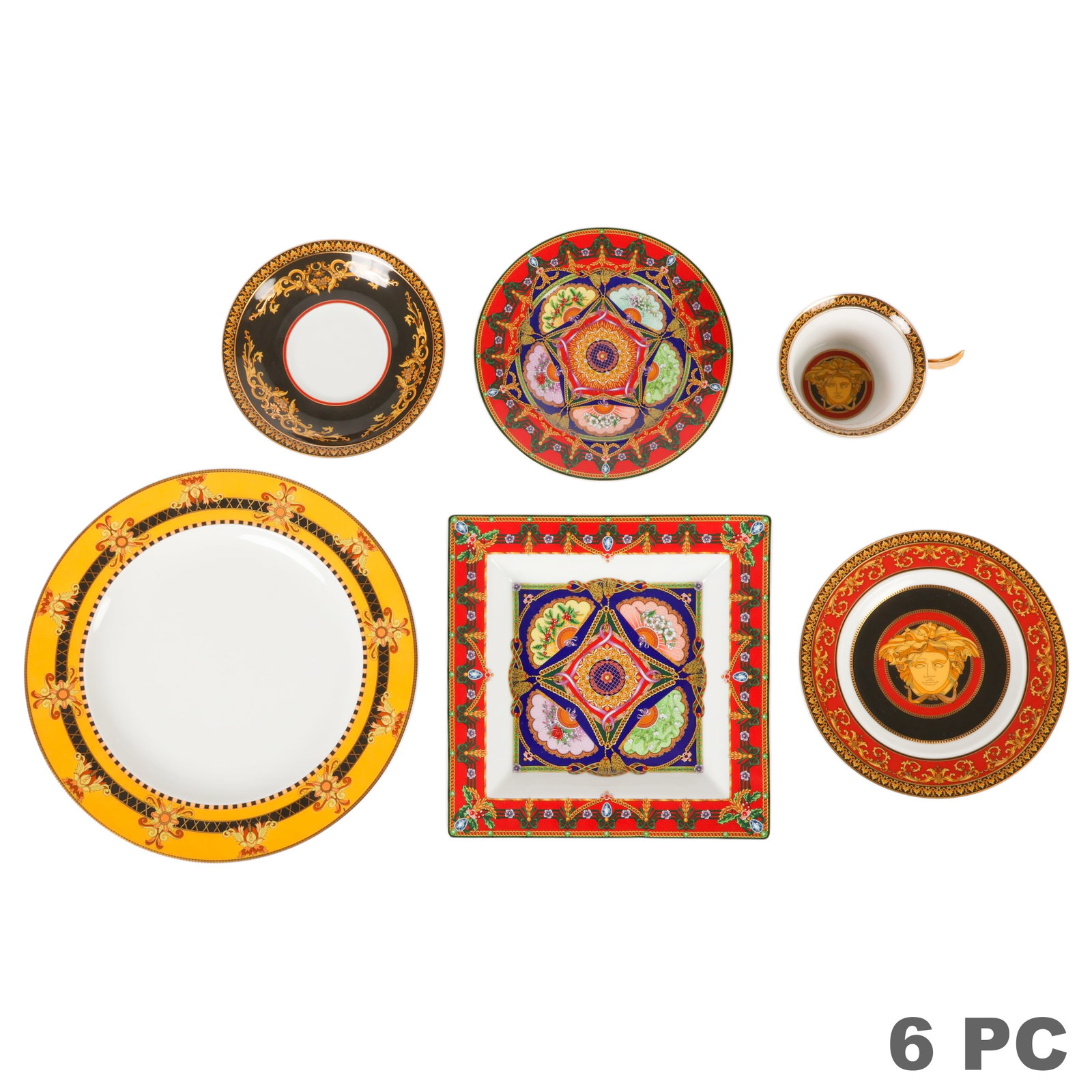 Rosenthal Versace Le Roi Soleil Medusa Barocco LOT: Rosenthal Versace six-piece porcelain tableware collection featuring richly decorated designs with gilt accents and bold Classical and Baroque-inspired motifs. Comprising one Le Roi Soleil square dish