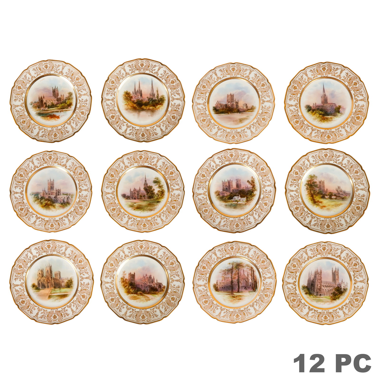 Royal Doulton Painted Cathedral Cabinet Plate SET: Royal Doulton set of 12 antique porcelain cabinet plates depicting notable cathedrals and ecclesiastical landmarks of Great Britain, comprising Norwich Cathedral, Ely Cathedral, Durham Cathedral, Cant