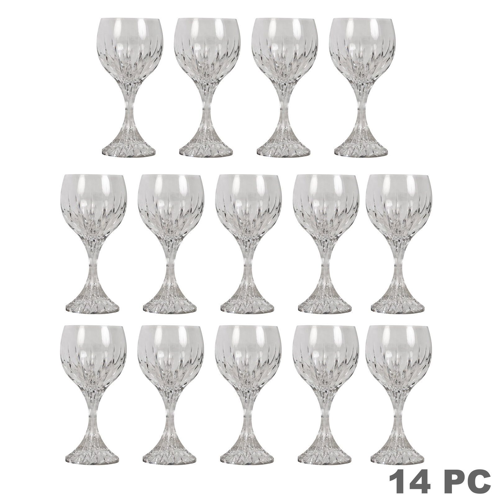 Baccarat "Massena" Crystal Wine Glasses 14pc SET: Baccarat set of fourteen French crystal wine glasses in the Massena pattern, each featuring a rounded bowl with deeply cut radiating decoration extending into the slender stem and continuing across th