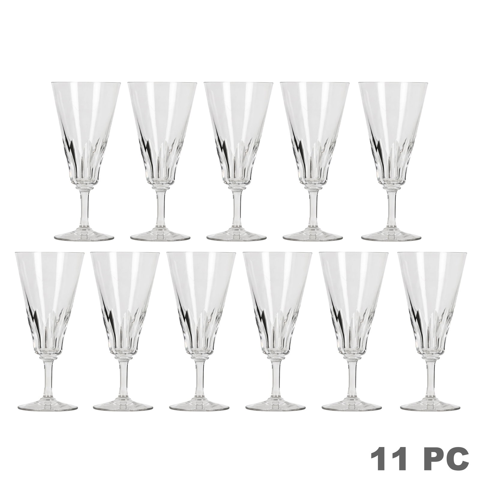 Baccarat Crystal Cote d'Azur Champagne Flutes 11pc: Baccarat set of eleven French clear crystal champagne flutes in the Cote d'Azur pattern, each featuring a tall flared bowl with vertical cut decoration, slender stem, and circular foot. Each piece bea