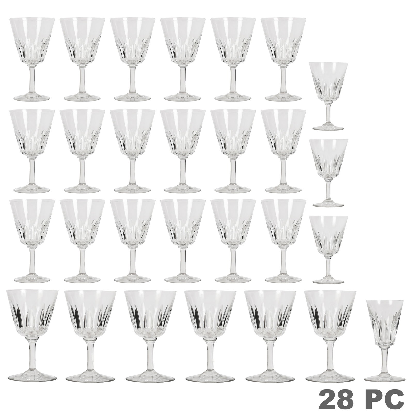 Baccarat Crystal "Cote d'Azur" Wine Stemware 28pc: Baccarat 28-piece French clear crystal stemware set in the Cote d'Azur pattern, featuring elegant cut crystal decoration, slender stems, and circular feet. Comprising four cordial glasses, each measur