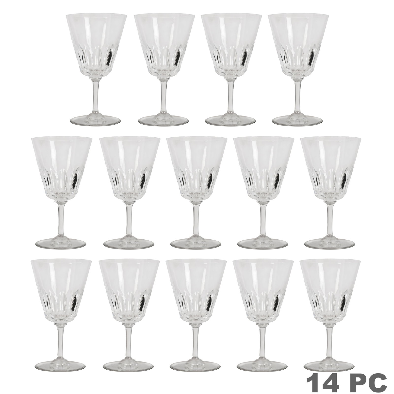 Baccarat Crystal Cote d'Azur Wine Goblets 14pc SET: Baccarat set of fourteen French clear crystal wine glasses or water goblets in the Cote d'Azur pattern, each featuring a rounded bowl with elegant vertical cut decoration, slender stem, and circular f