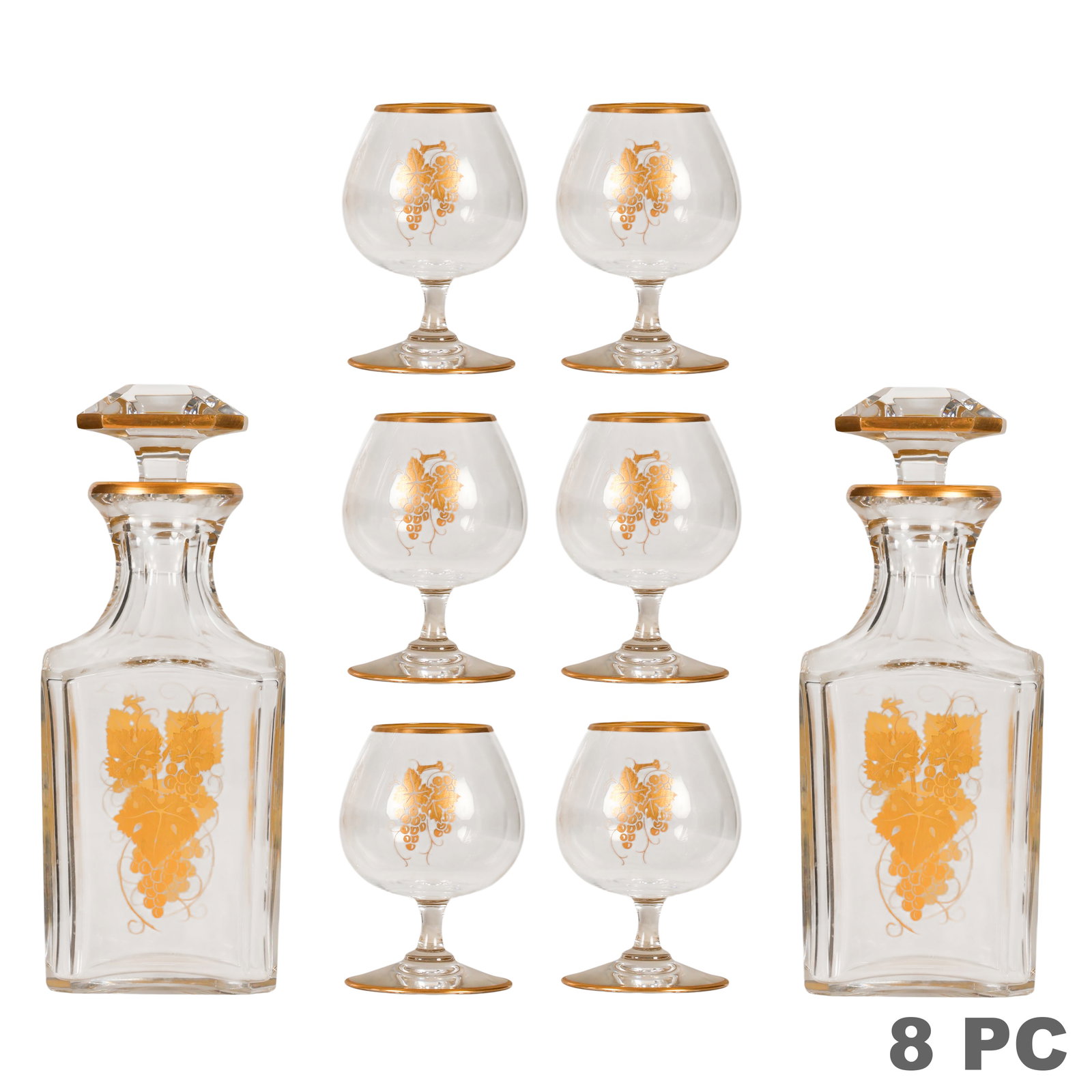 Baccarat Harcourt Decanters & Small Brandy Glasses: Baccarat Harcourt Empire eight-piece gilt crystal decanter and small cognac glass set featuring clear crystal with gilt grapevine decoration and gold-trimmed rims, comprising two square-form decanters