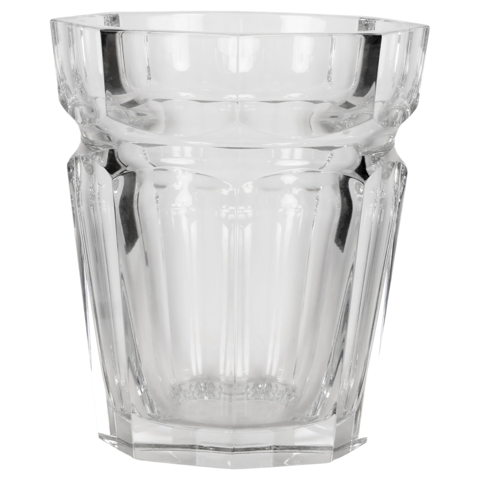 Baccarat French Crystal Harcourt Champagne Bucket: Baccarat Harcourt French clear crystal ice bucket featuring a substantial faceted body with geometric paneled sides and a wide shaped rim, showcasing the classic architectural design associated with t