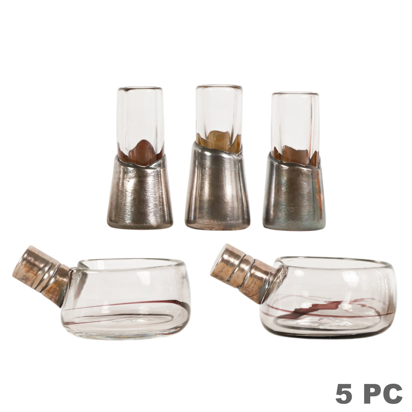 Studio Art Glass Silver Bowls Vase 5pc LOT SIGNED: Lot of five contemporary studio art glass pieces comprising three cylindrical vases and two handled bowls, each crafted in clear glass with sculptural metal overlay mounts. The vases feature tapered t