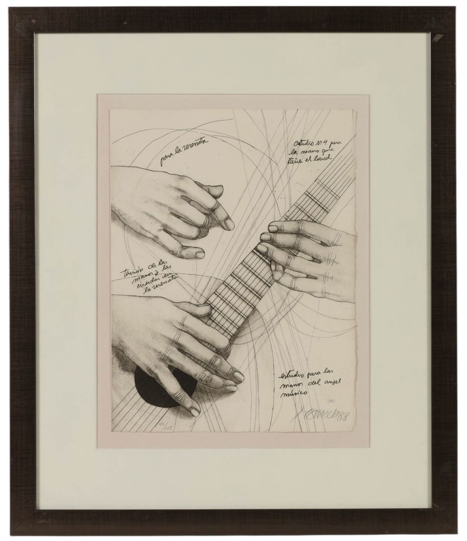 David Manzur b.1929 Instrument & Hand Litho SIGNED: David Manzur (Colombian, born 1929), Instrumento y Manos Ejecutantes, 1988, etching on paper depicting detailed studies of hands positioned around the neck and strings of a lute, overlaid with linear 
