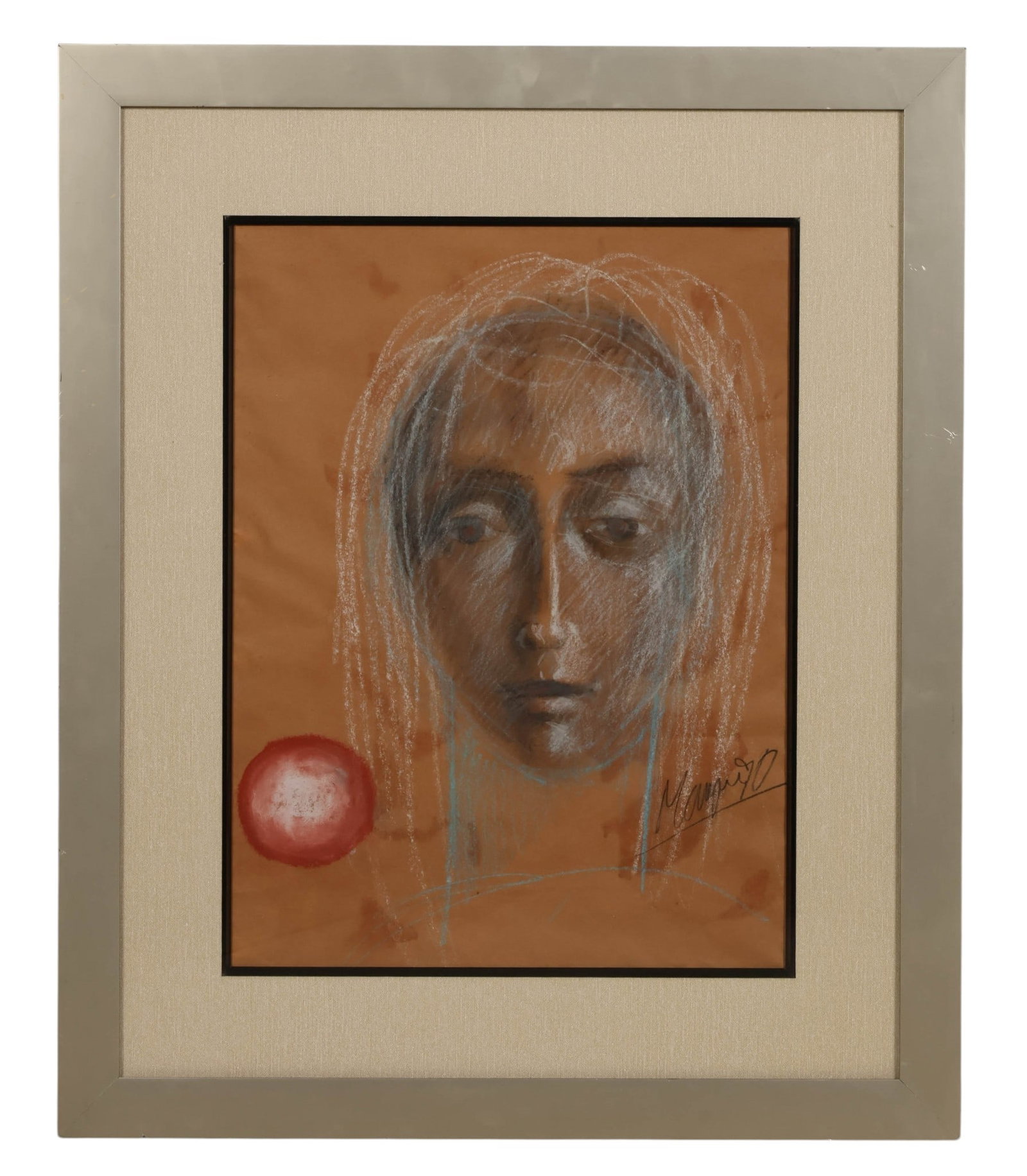 David Manzur b.1929 Pastel Lady Portrait Drawing: David Manzur (Colombian, born 1929), pastel drawing on paper depicting a stylized female portrait with a red sphere. Signed lower right. Presented under glass with cream matting in a silver-tone frame