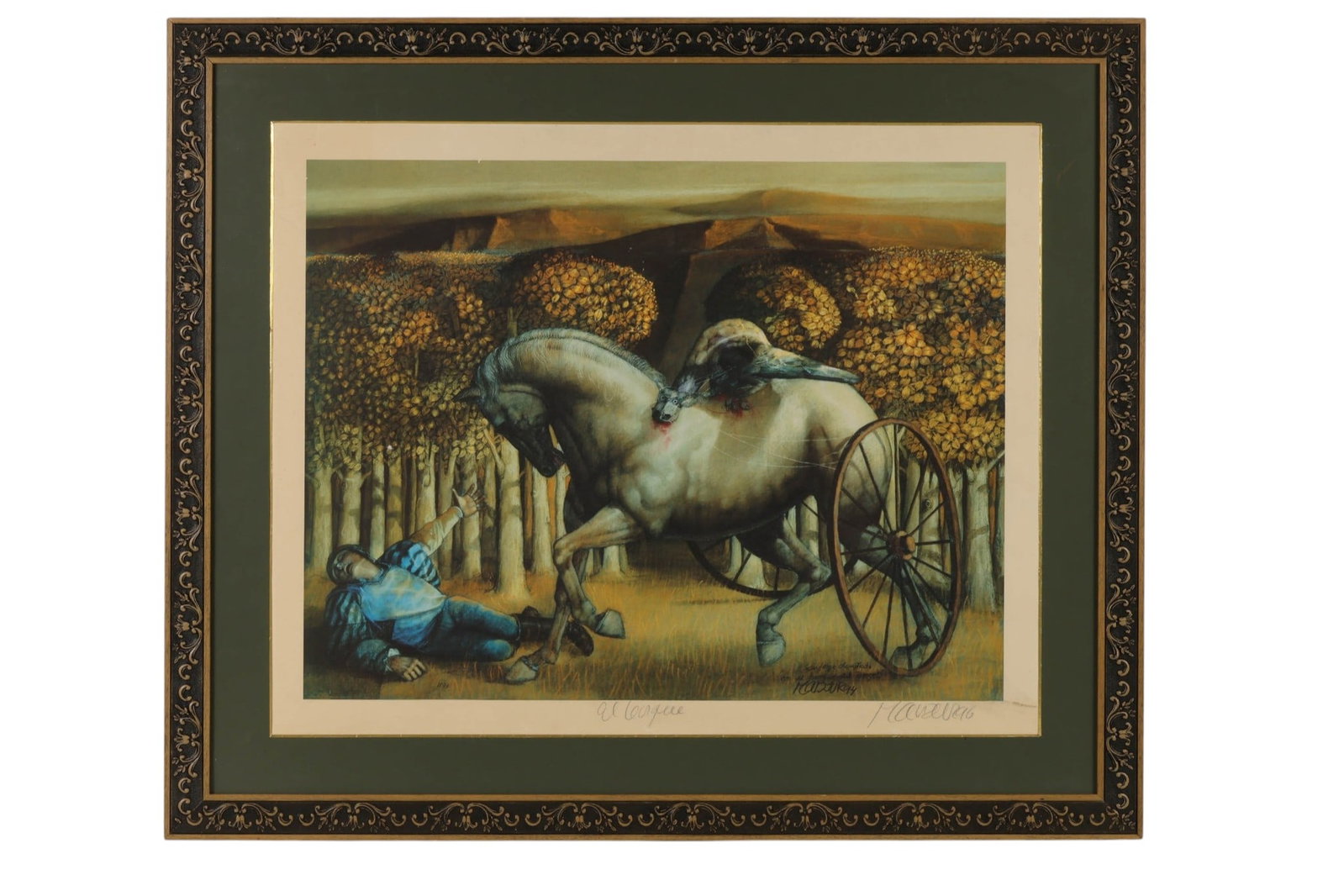 David Manzur b1929 Diego & El Bosque Lithos SIGNED: Lot of two David Manzur (Colombian, born 1929) lithographic prints on paper comprising El Bosque, 1996, depicting a dramatic horse and fallen figure within a wooded landscape, signed in pencil lower r