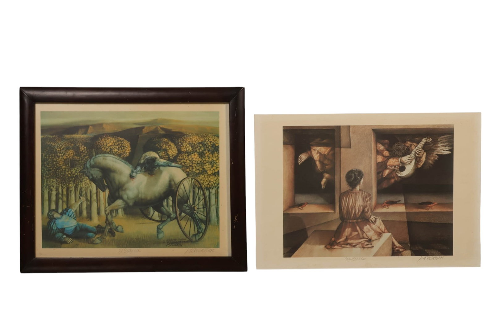 David Manzur b.1929 Bosque & La Anunciacion SIGNED: Lot of two David Manzur (Colombian, born 1929) lithographic prints on paper comprising El Bosque and La Anunciacion, 1996. El Bosque depicts a dramatic horse and fallen figure within a wooded landscap