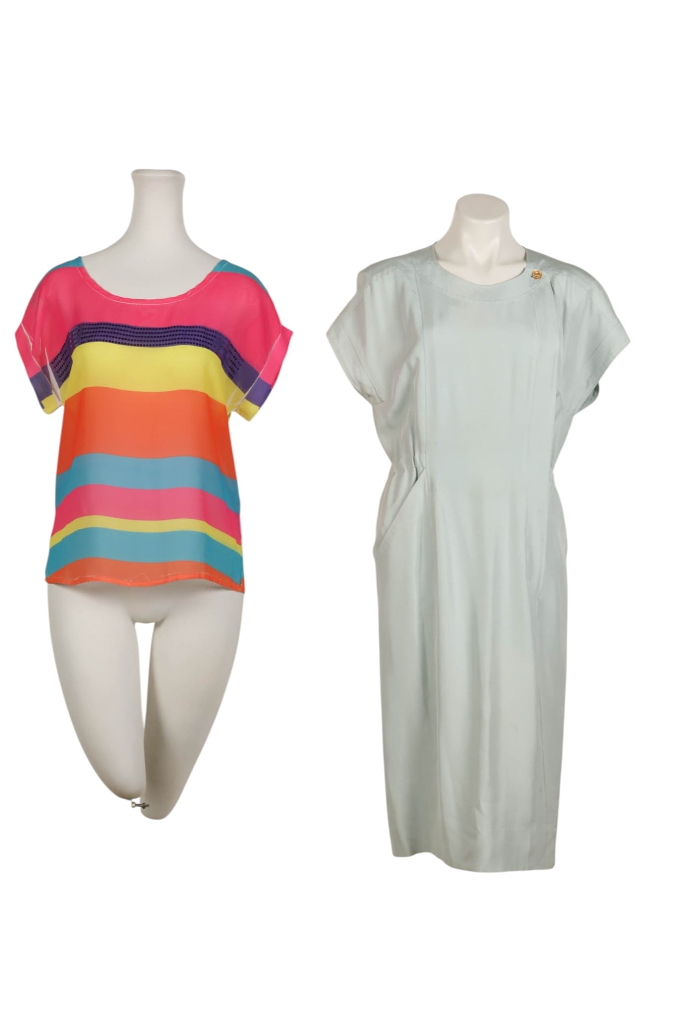 Chanel Blue Silk Dress and Sheer Strip Top 2pc LOT: Lot of two designer clothing pieces comprising one vintage Chanel-attributed pale blue silk sheath dress, circa 1980s, featuring structured shoulders, softly draped silhouette, asymmetrical scoop neck