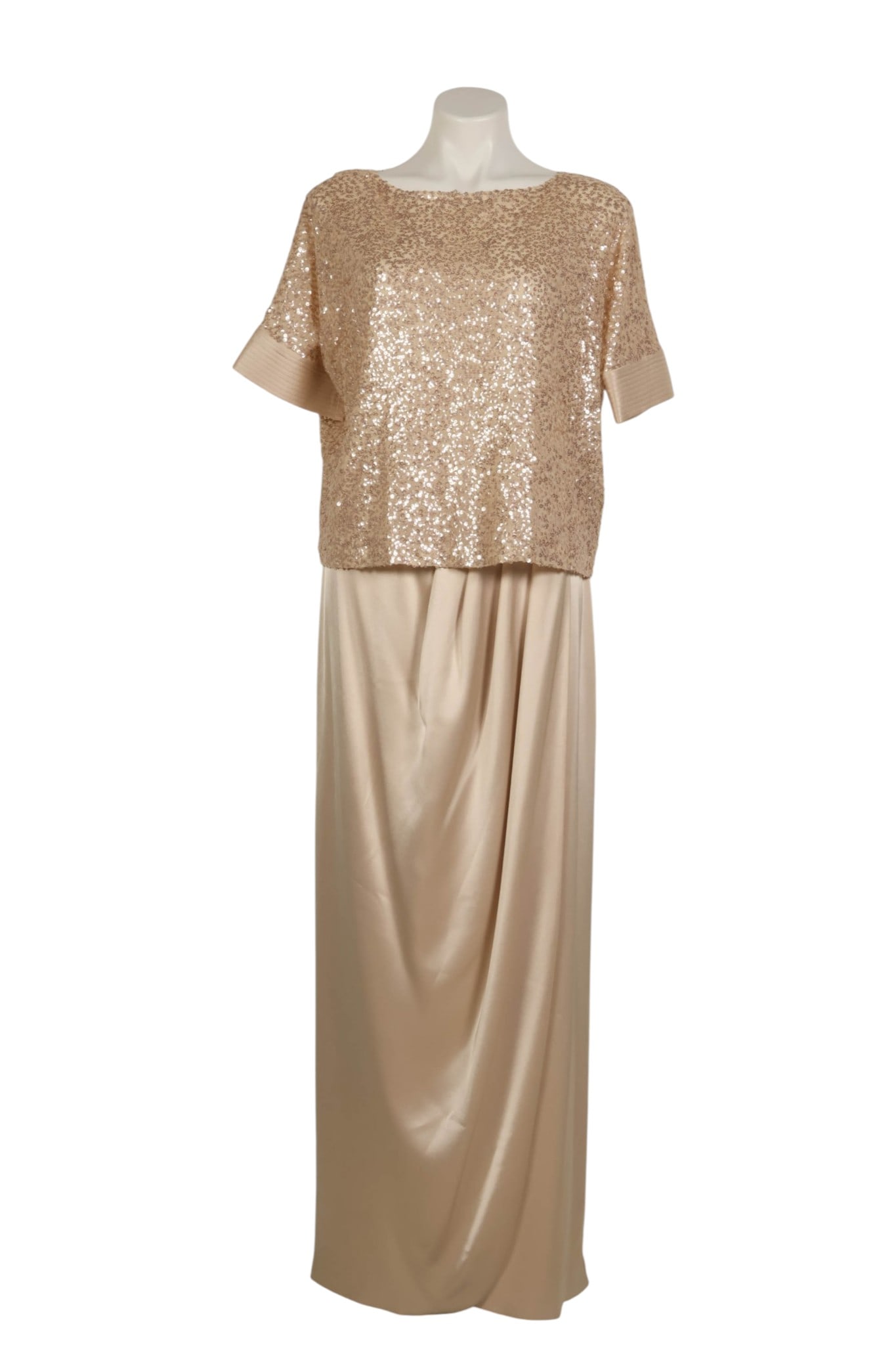 St Johns 2-Piece Evening Sequin Top & Long Skirt: St. John two-piece women's evening ensemble in champagne beige, comprising one sequin-embellished short-sleeve top, labeled size P, densely decorated with tonal iridescent sequins over mesh and finish
