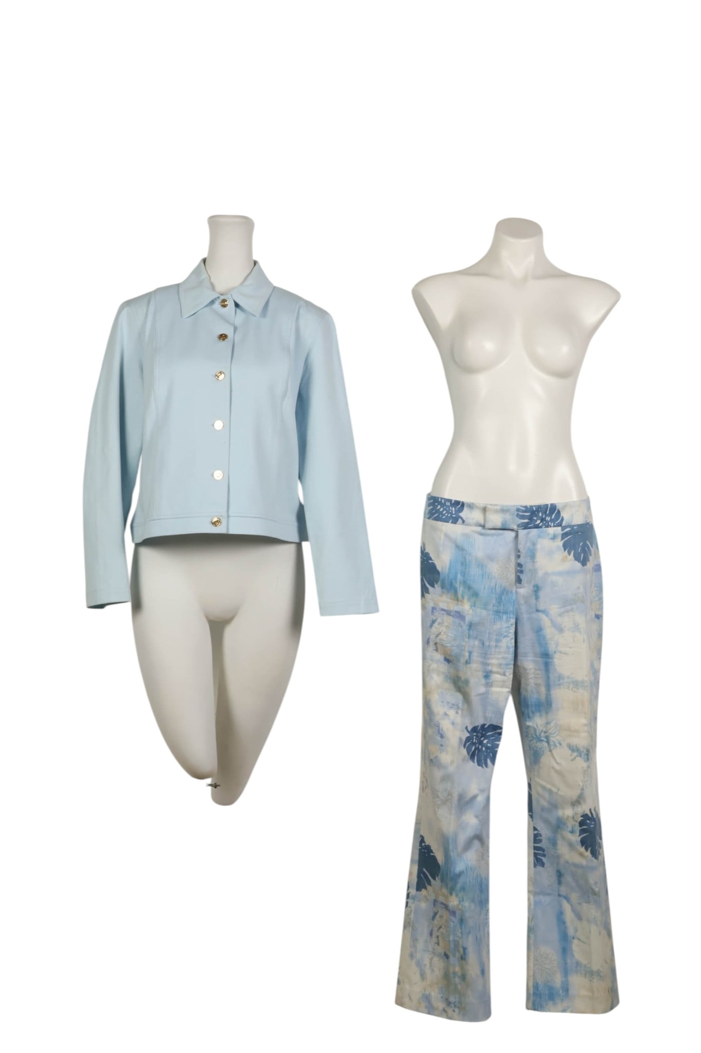 St John Blazer & Dana Buchman Dress Pants 2pc LOT: Lot of two women's apparel pieces comprising one St. John Sport Essentials by Marie Gray pale blue jacket, labeled size M and Made in U.S.A., with pointed collar, button front, fitted seam detailing, 