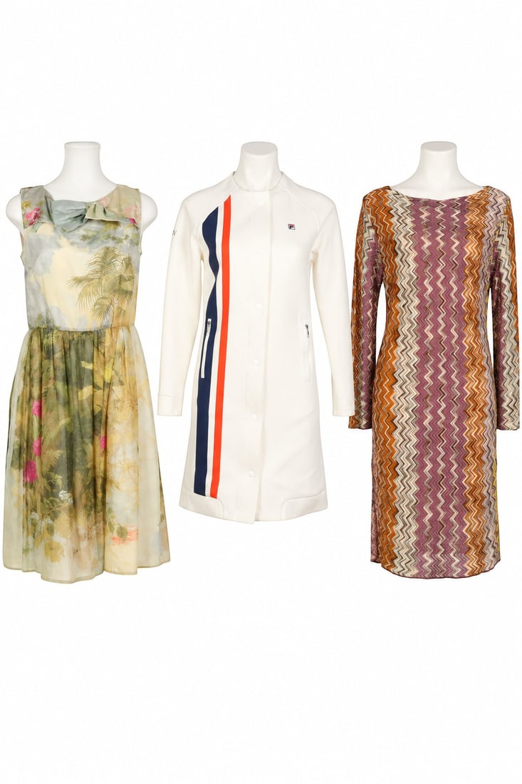 RED Valentino Missoni Dresses and Fila Jacket LOT: Lot of three designer clothing pieces comprising one Jason Wu x Fila white snap-front jacket with navy and orange vertical stripe accent, stand collar, and zip pockets, size M, measuring approximately