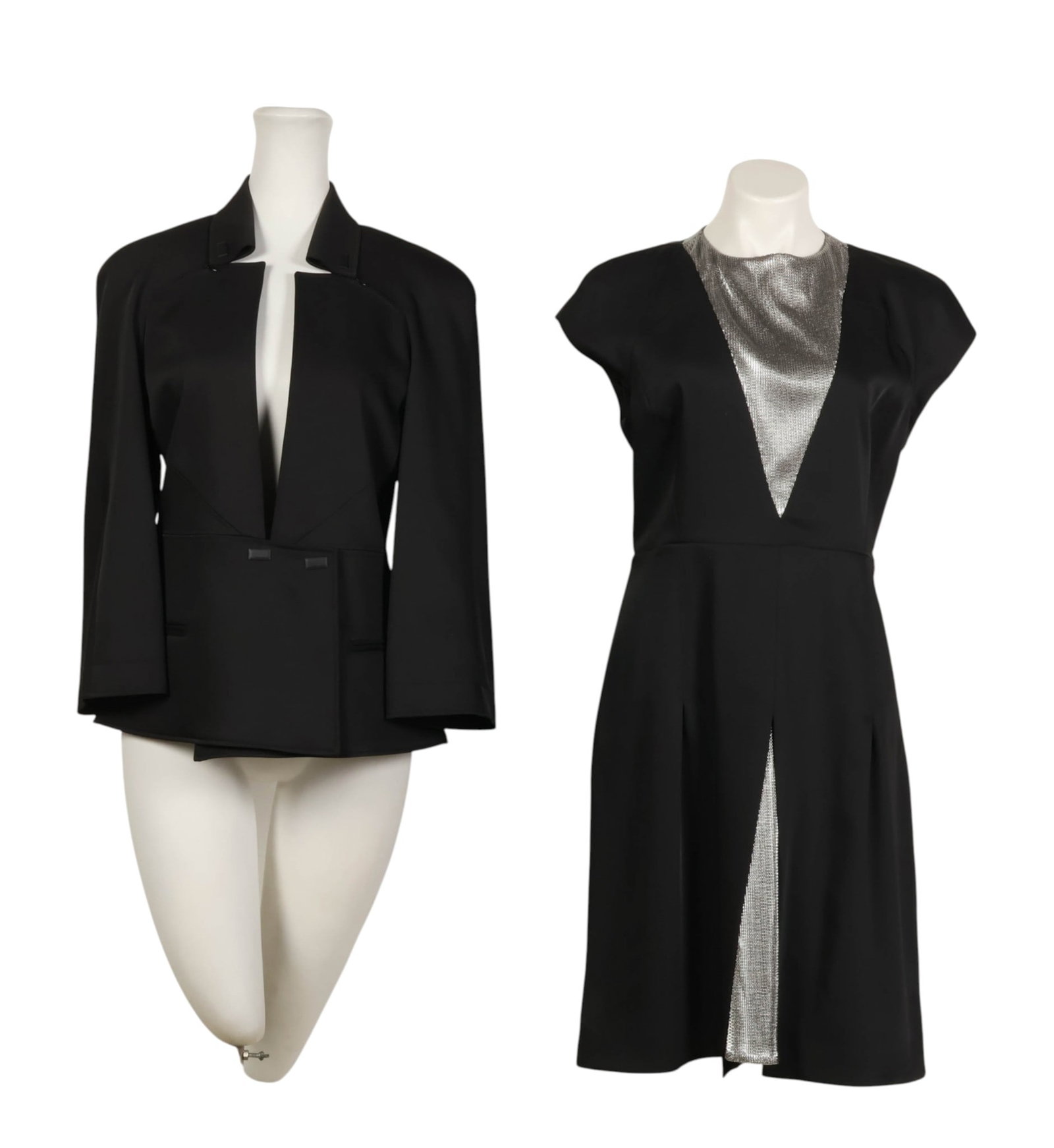 Karl Lagerfeld Black Blazer & Mini Dress 2pc SET: Karl Lagerfeld two-piece women's black ensemble comprising one structured tailored blazer, labeled size 48, featuring architectural seam detailing, flap pockets, distinctive rectangular Karl Lagerfeld