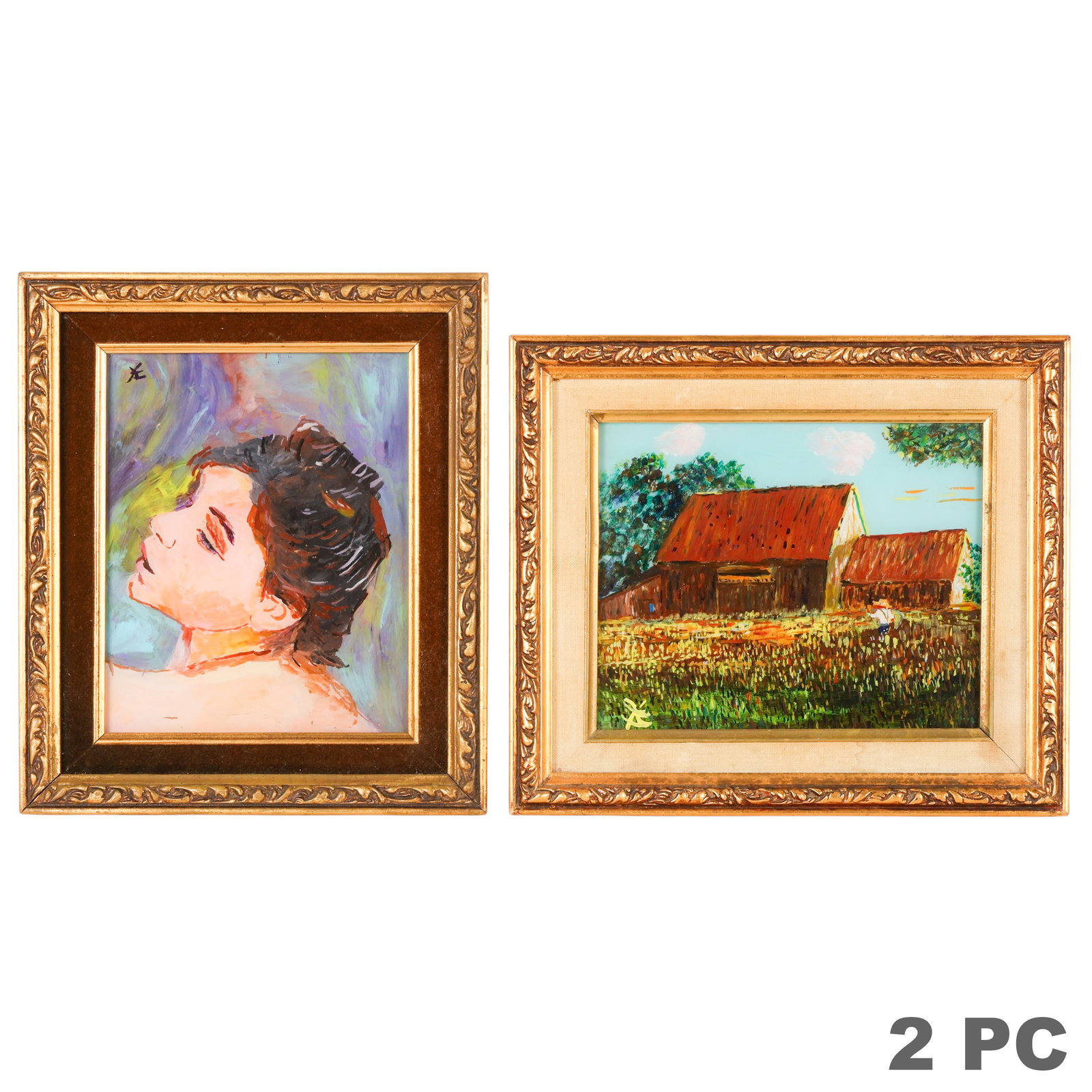 Eglomise on Glass Portrait and Barn Painting LOT: Lot of two eglomise reverse paintings on glass comprising one pastoral rural landscape with barn and outbuildings and one profile portrait of a woman. Each work is executed in the traditional reverse-