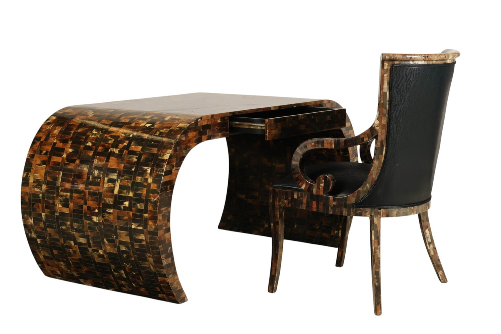 Enrique Garcel Tessellated Waterfall Desk & Chair: Enrique Garcel tessellated horn desk and coordinating armchair, featuring polished tessellated horn tiles in variegated brown, amber, cream, and black tones. The sculptural desk features a broad curve
