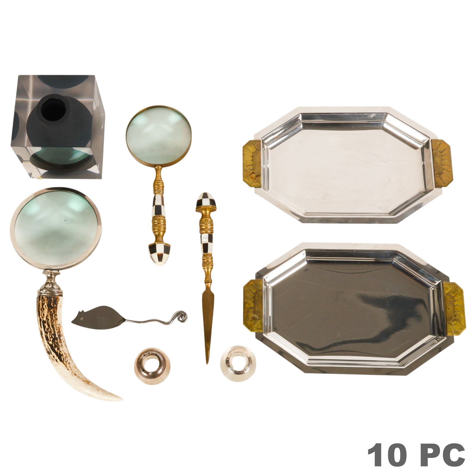 Art Deco Bar & Desk Accessories and More 10pc LOT: Lot of nine decorative desk, bar, and smoking accessories comprising two French Jean Couzon chrome-plated Art Deco-style butler trays, each marked "Jean Couzon Orfevre, Made in France" and "1925"; two