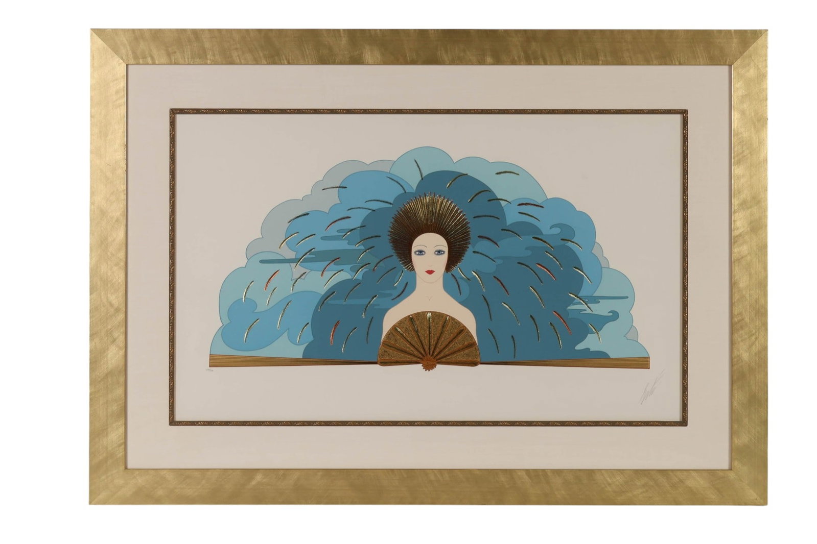Erte 1892-1990 The Storm 1987 LE Serigraph SIGNED: Erte (Romain de Tirtoff, French, 1892-1990), The Storm, 1987, color serigraph with embossed foil on paper depicting a stylized female figure with a fan set against dramatic layered blue cloud forms, a