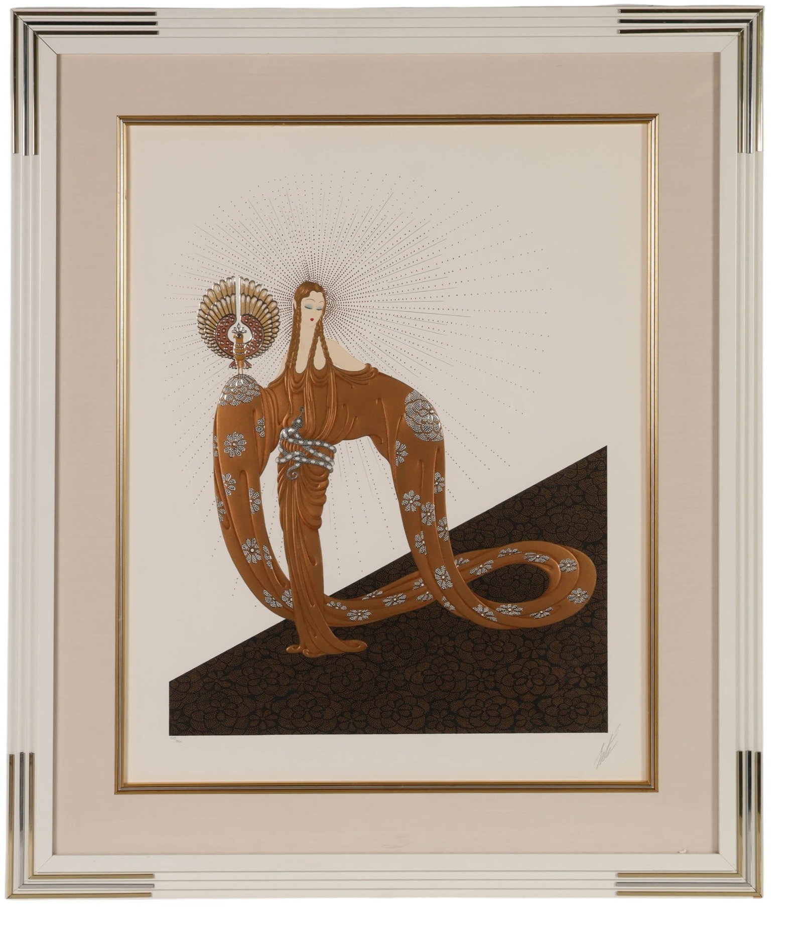 Erte 1892-1990 "Wisdom" Celestial Serigraph SIGNED: Erte (Romain de Tirtoff, French, 1892-1990), Wisdom, from the Celestial Virtues suite, limited-edition embossed serigraph on paper depicting an elegantly stylized female figure with elaborate drapery 