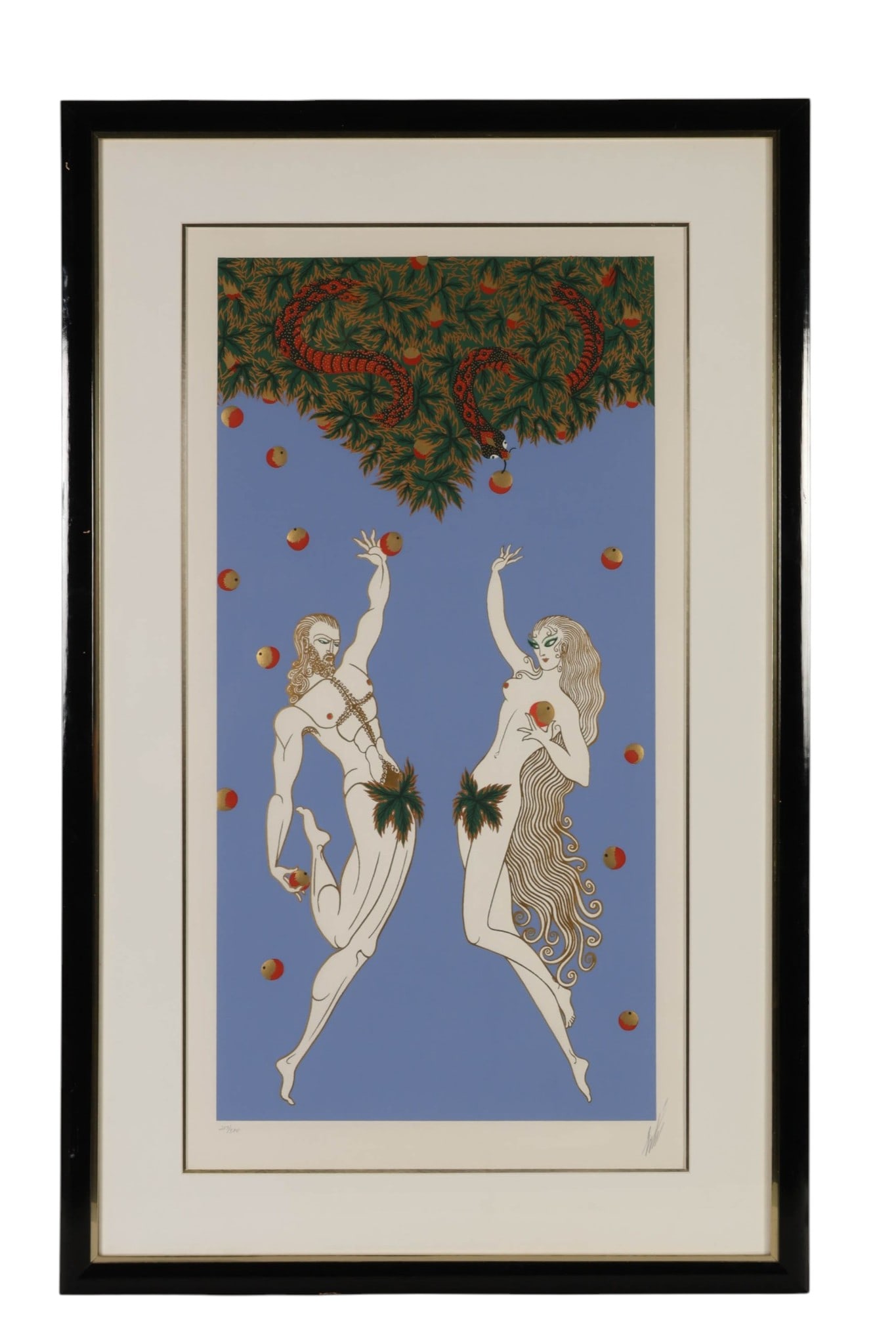 Erte 1892-1990 "Adam and Eve" LE Serigraph SIGNED: Erte (Romain de Tirtoff, French, 1892-1990), Adam and Eve, 1982, Color serigraph on paper depicting the biblical figures beneath the Tree of Knowledge, rendered in the artist's distinctive Art Deco st