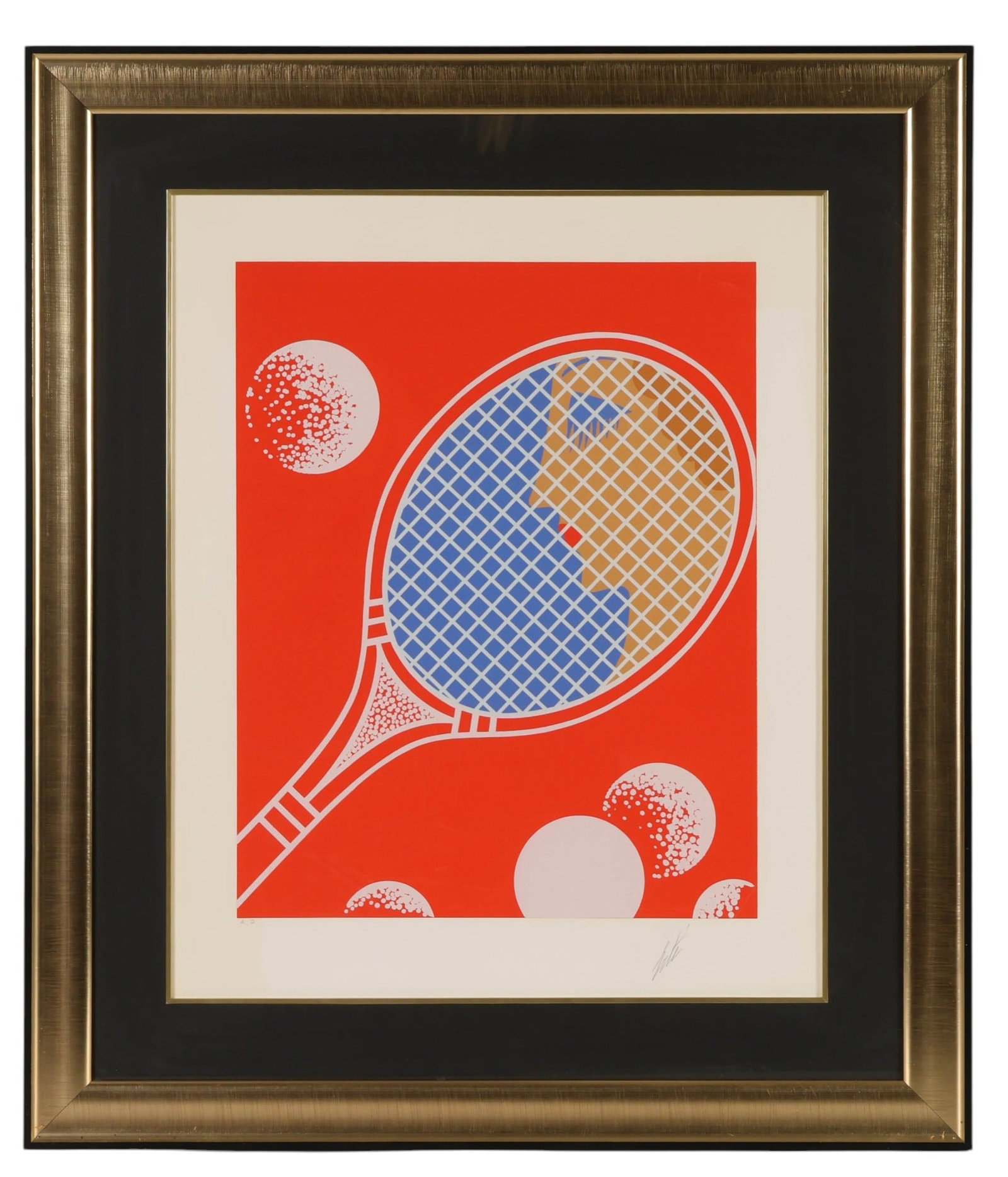 Erte 1892-1990 "Tennis" Racket AP Serigraph SIGNED: Erte (Romain de Tirtoff, French, 1892-1990), Tennis, color serigraph on paper featuring a stylized tennis racket and balls against a vibrant red ground, rendered in the artist's distinctive Art Deco m