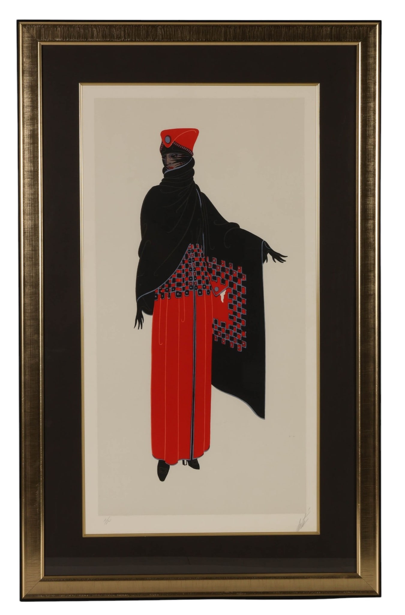 Erte 1892-1990 The "Zsa Zsa" A.P. Serigraph SIGNED: Erte (Romain de Tirtoff, French, 1892-1990), Zsa Zsa, color serigraph on paper depicting an elegant female figure in a dramatic black and red ensemble with geometric patterned accents, rendered in the