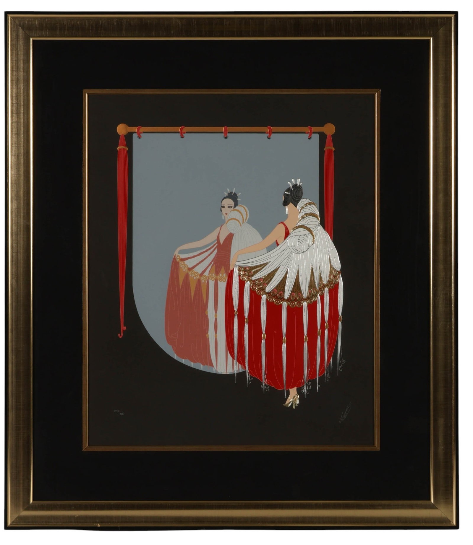 Erte 1892-1990 "The Mirror" LE Serigraph SIGNED: Erte (Romain de Tirtoff, French, 1892-1990), The Mirror, color and embossed serigraph on paper depicting an elegantly dressed female figure reflected in a mirror, rendered with red, white, and metalli