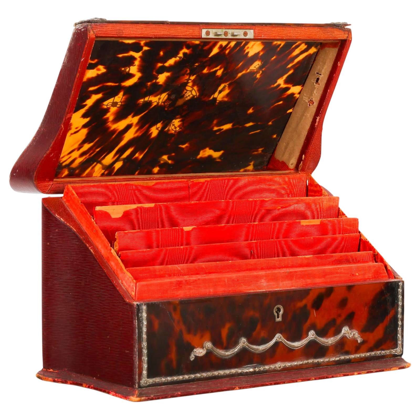 Antique Silver Pique Mounted And Hinged Letter Box: Antique English Regency stationery correspondence box comprised of silver pique and marbled organic materials, with a sloped hinged lid featuring a central neoclassical urn and garland inlay decoratio