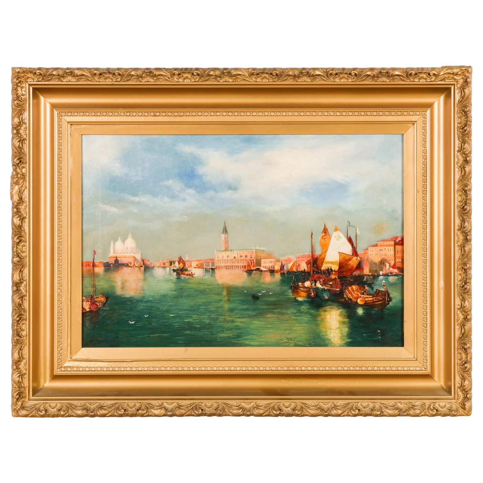 Walter Brackett 1823-1919 Venetian Scene Painting: Walter M. Brackett (American, 1823-1919), oil on canvas Venetian harbor scene painting depicting sailboats and gondolas upon calm waters with architectural landmarks and a dramatic sky in the backgrou
