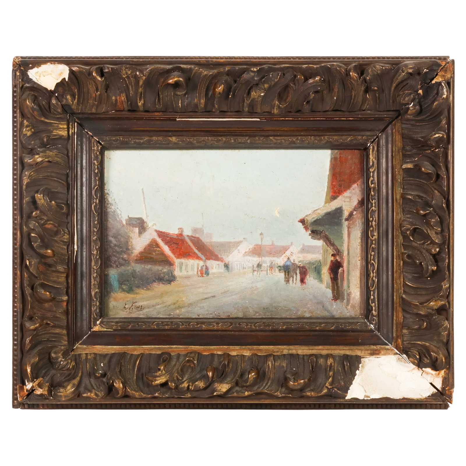 Edouard Krug 1829-1901 Moonlit Village Painting: Edouard Krug (French, 1829-1901), oil on wood panel street scene painting depicting a quiet village roadway with figures strolling among cottages beneath a moonlit sky. Rendered in a naturalistic mann