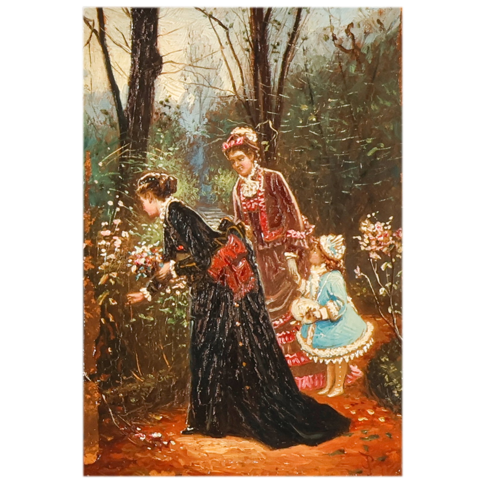 Pierre Francois Giraud 1806-1881 Ladies in Garden: Pierre Francois Eugene Giraud (French, 1806-1881), antique oil on board painting depicting elegantly dressed ladies and a child strolling through a garden landscape. The composition features richly de