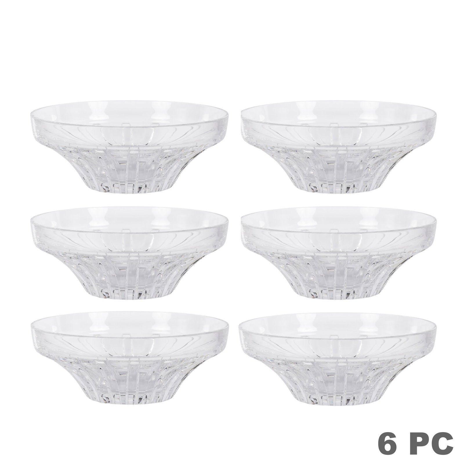 Baccarat Crystal "Gentiane" Dessert Bowls 6pc BOX: Baccarat set of six "Gentiane" clear crystal dessert bowls featuring deeply cut radiating geometric decoration and substantial polished forms. Presented in a fitted red Baccarat branded box. Each piec