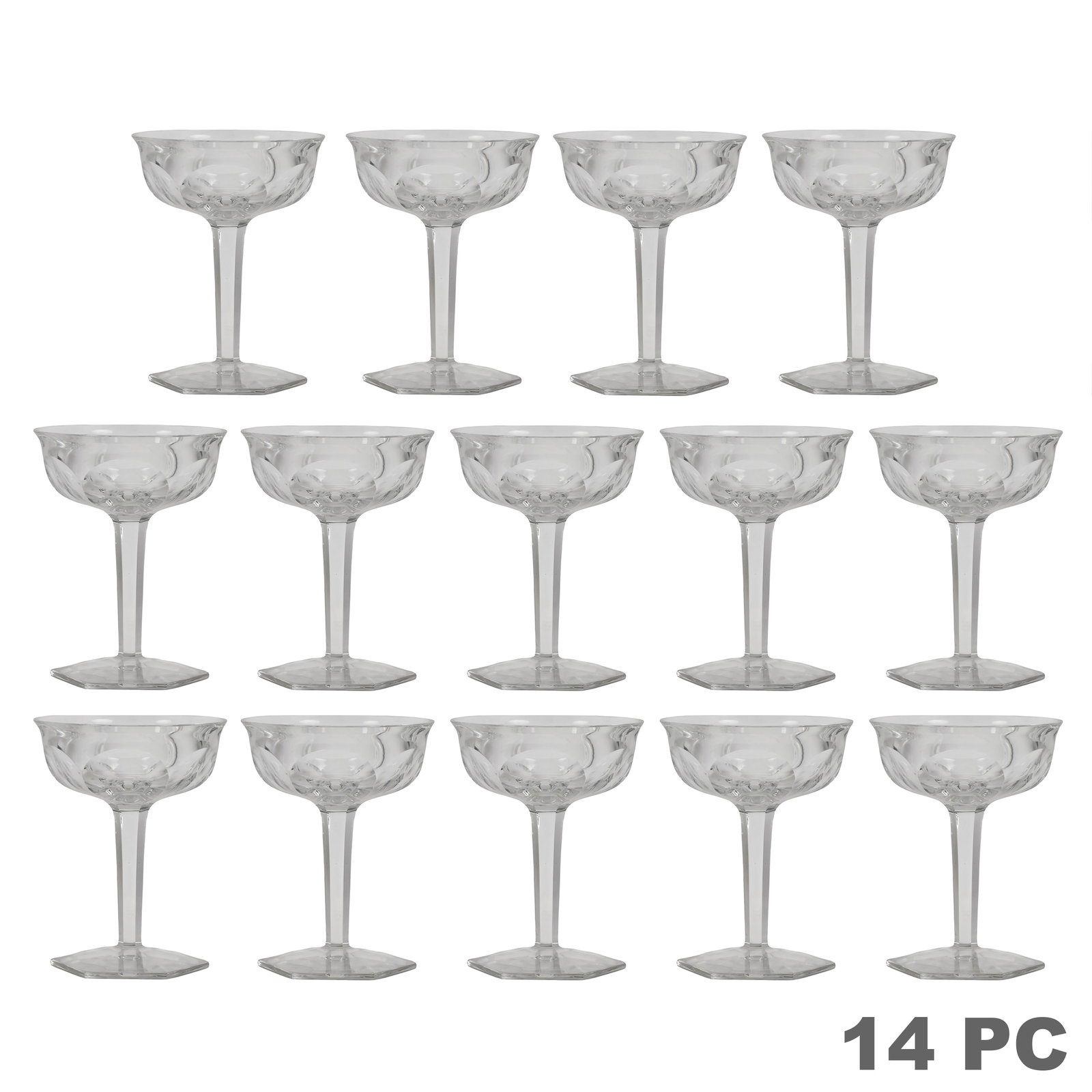 Baccarat "Malmaison" Crystal Sherbet Glasses 14pc: Baccarat set of 14 French crystal sherbet or champagne glasses in the Malmaison pattern, each featuring a faceted bowl raised on a geometric cut stem and circular foot. Etched Baccarat makers marks to