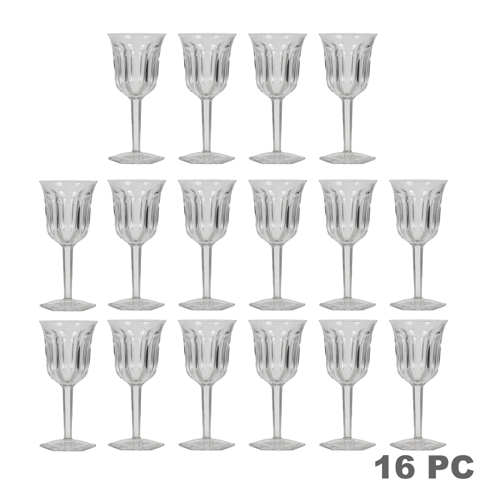 Baccarat Malmaison Crystal Red Wine Glasses 16pc: Baccarat set of 16 French crystal red wine glasses in the Malmaison pattern, each featuring a flared faceted bowl with vertical cut decoration, angular stem, and distinctive hexagonal foot. Each bears