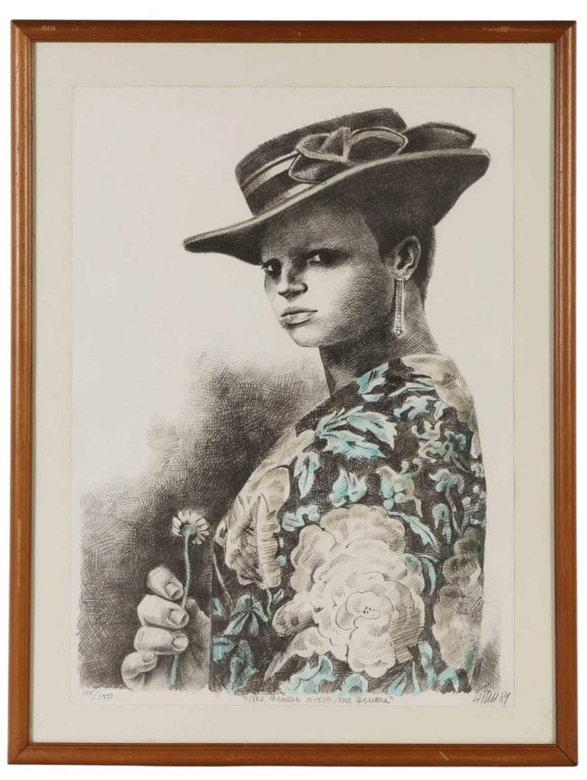Enrique Grau 1920-2004 Love Me Not Litho SIGNED: Enrique Grau (Colombian, 1920-2004), Me quiere o no me quiere ("Loves Me or Loves Me Not"), lithograph on paper depicting a woman wearing long earrings, a broad-brimmed hat, and a floral garment while