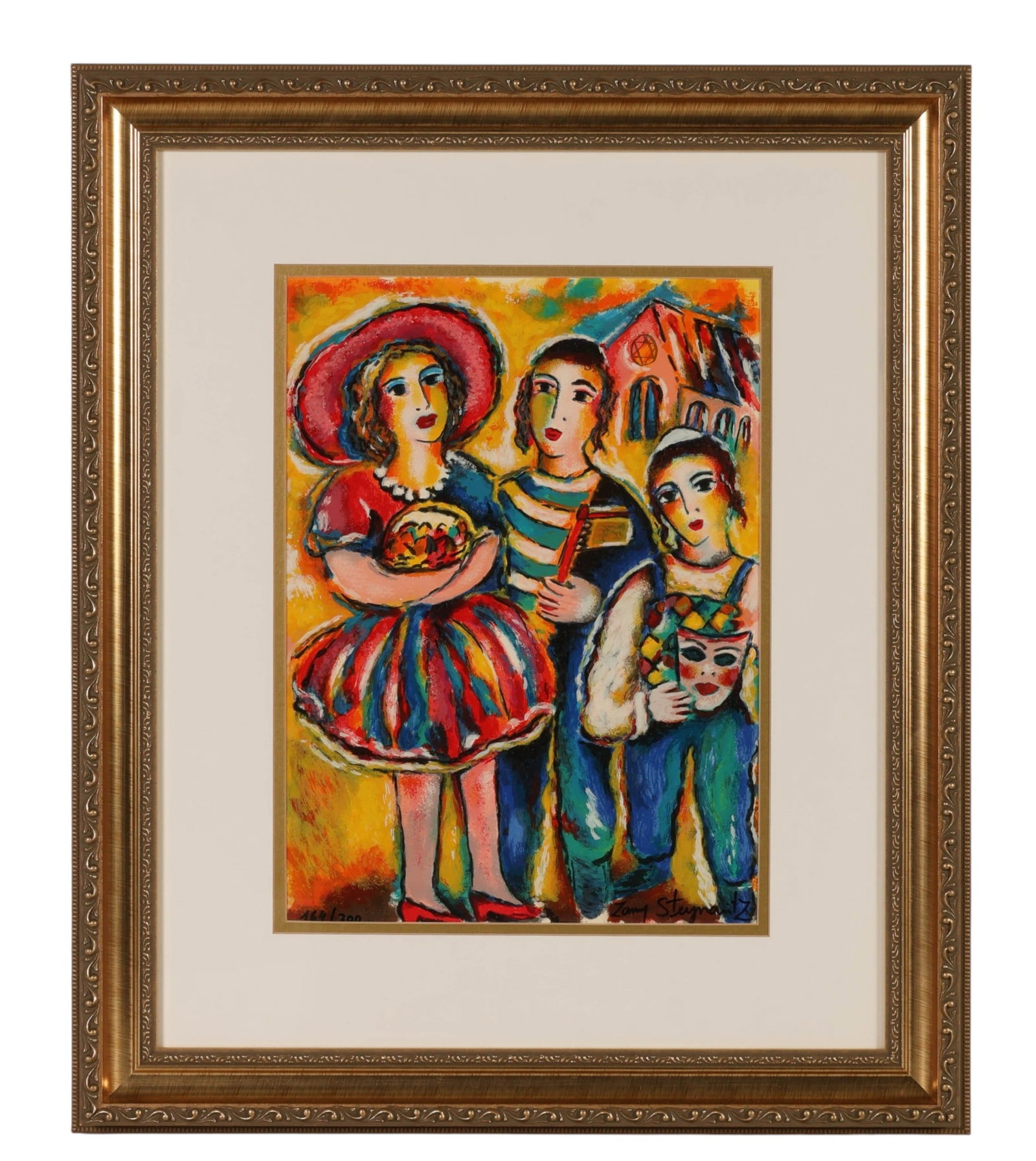 Zamy Steynovitz 1951-200 Purim LE Litho SIGNED: Zamy Steynovitz (Israeli, 1951-2000), Purim, serigraph on paper depicting children in the artist's characteristic figurative style. Numbered 164/300 lower left and signed by the artist lower right. In