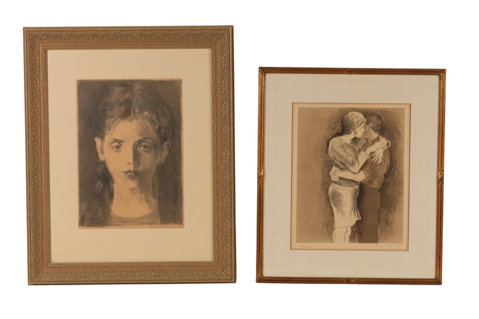 Raphael Soyer 1899-1987 SIGNED Litho & Etching LOT: Lot of two Raphael Soyer (American, 1899-1987) prints on paper comprising Reflection, a lithograph depicting a softly modeled portrait of a young woman, signed in pencil lower right and bearing a plat