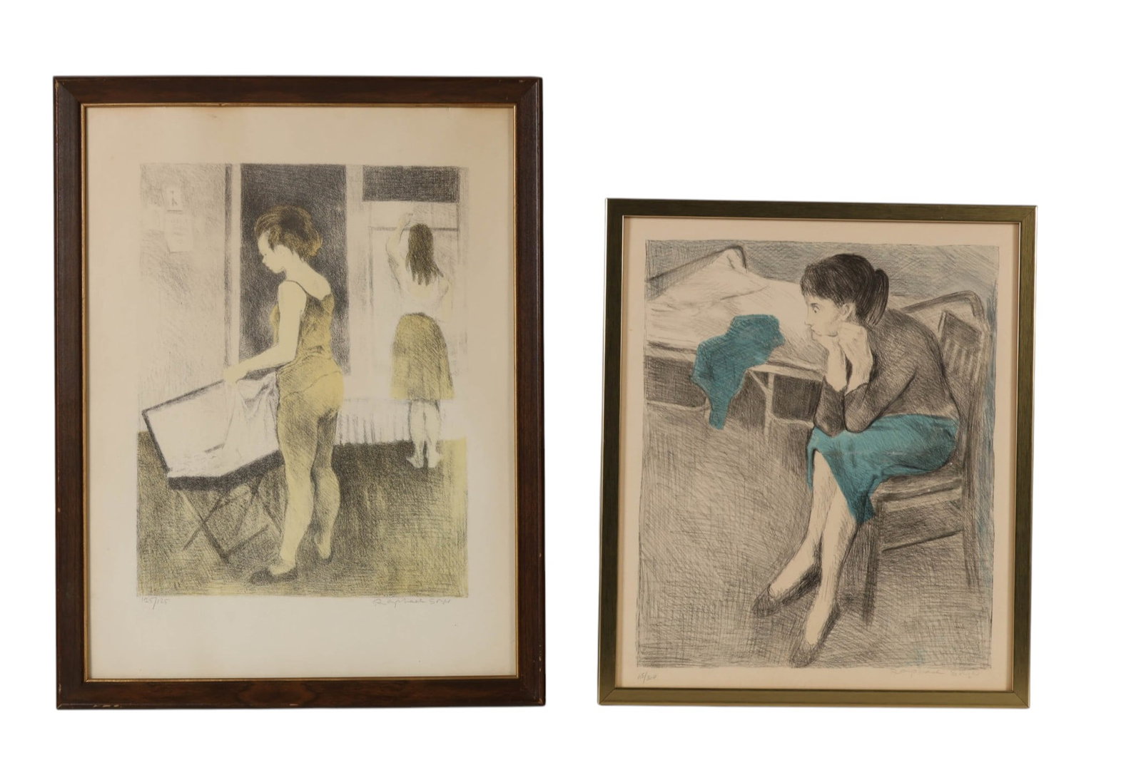 Raphael Soyer 1899-1987 SIGNED Figural Lithos LOT: Two-piece lot of Raphael Soyer (American, 1899-1987) lithographs on paper comprising Seated Woman Near a Bed, depicting a seated woman in a blue skirt beside a bed, pencil signed lower right and numbe