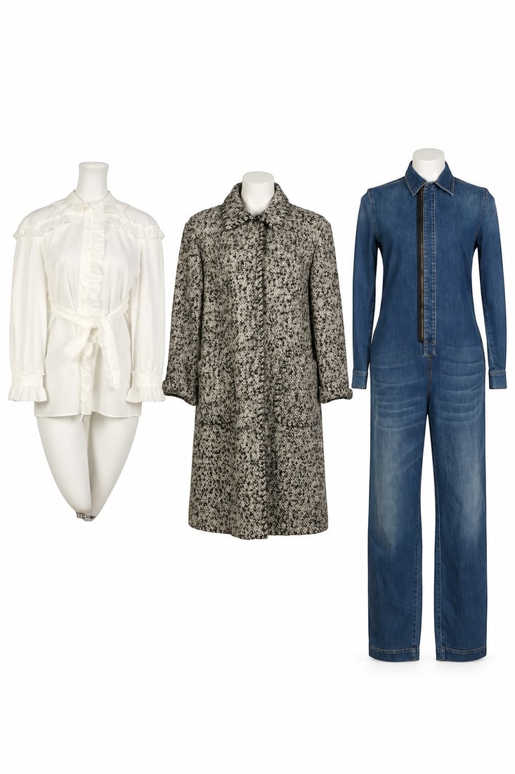 Gucci Blouse Oscar Coat & Stella McCarthy Jumpsuit: Lot of three designer clothing pieces comprising one Oscar de la Renta gray and black wool-blend boucle knit midi coat featuring a textured tweed pattern, collared neckline, and front patch pockets, s