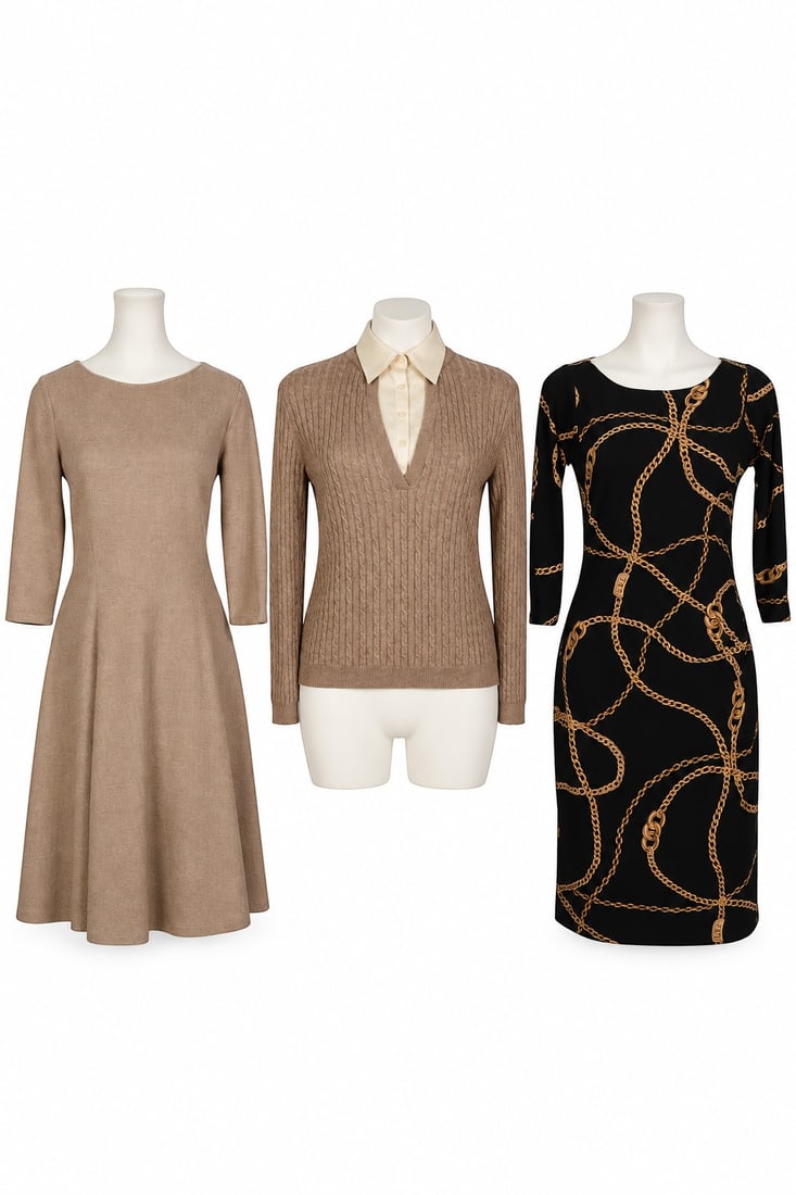 Lauren Ralph Lauren Woman's Dress Sweater 3pc LOT: Lauren Ralph Lauren lot of three women's garments comprising one beige textured knit three-quarter-sleeve A-line dress, size M, in a polyester, cotton, and elastic blend, with rounded neckline and pan