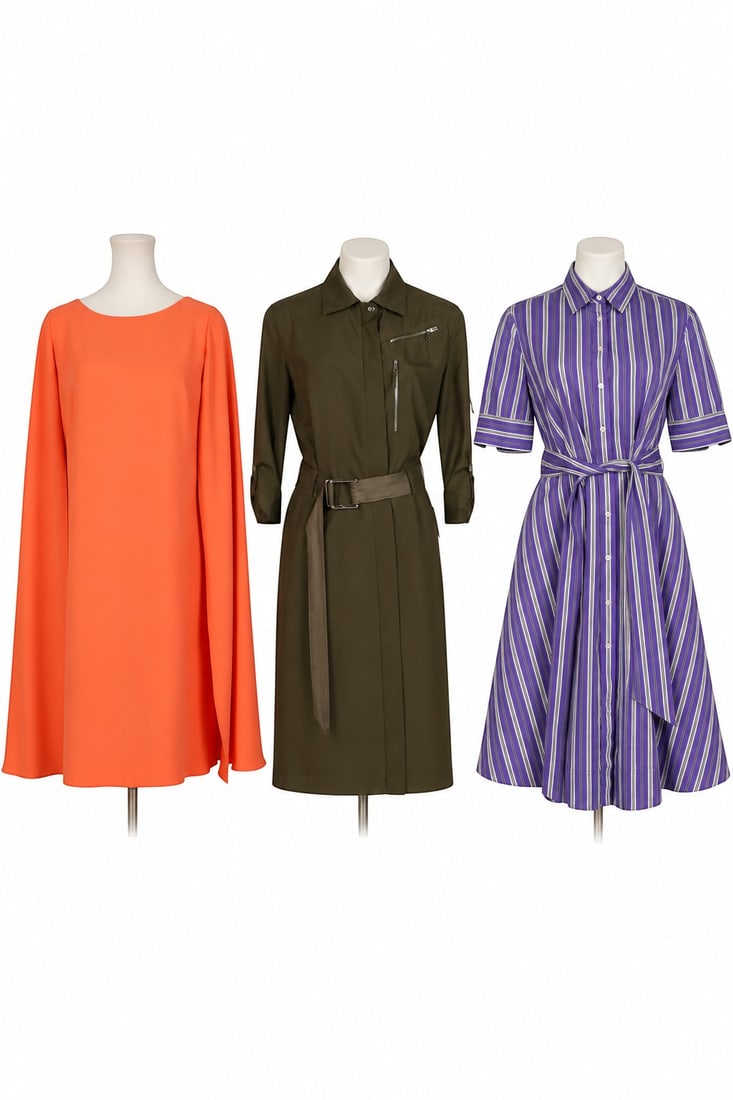 Lauren Ralph Lauren Woman's Designer Dress 3pc LOT: Lauren Ralph Lauren lot of three women's dresses comprising one olive green silk utility-style shirt dress, size 8, with point collar, front zippered pockets, and roll-tab sleeves, measuring approxima