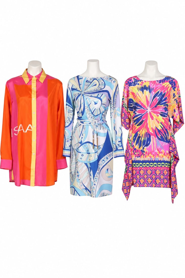 Emilio Pucci Lilly Pulitzer Dresses & MORE 3pc LOT: Lot of designer clothing and accessories comprising one Lilly Pulitzer Julie silk caftan in the vibrant "Summer Sunset" print, size XXS, featuring a hot pink, yellow, navy, and multicolor sunburst mot