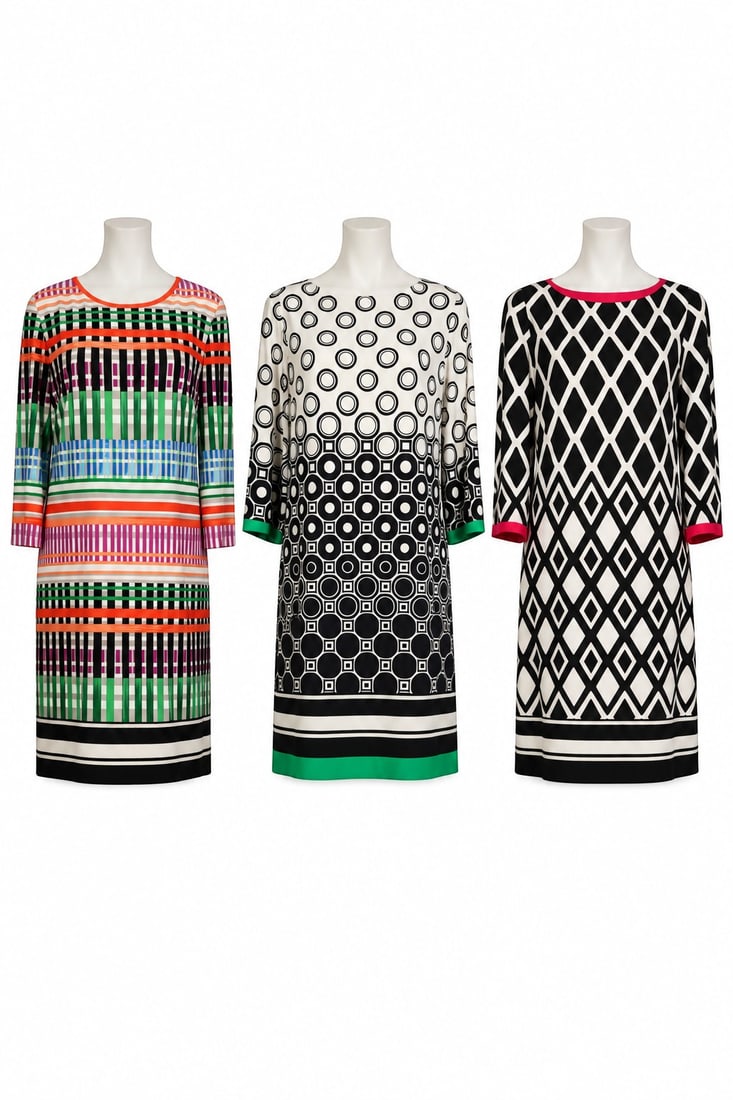 Eliza J Designer Printed Quarter Sleeve Dress LOT: Eliza J group of three women's Pucci-style printed dresses, each with three-quarter sleeves and back zipper closure, comprising one black and white circular geometric pattern dress with green trim, la