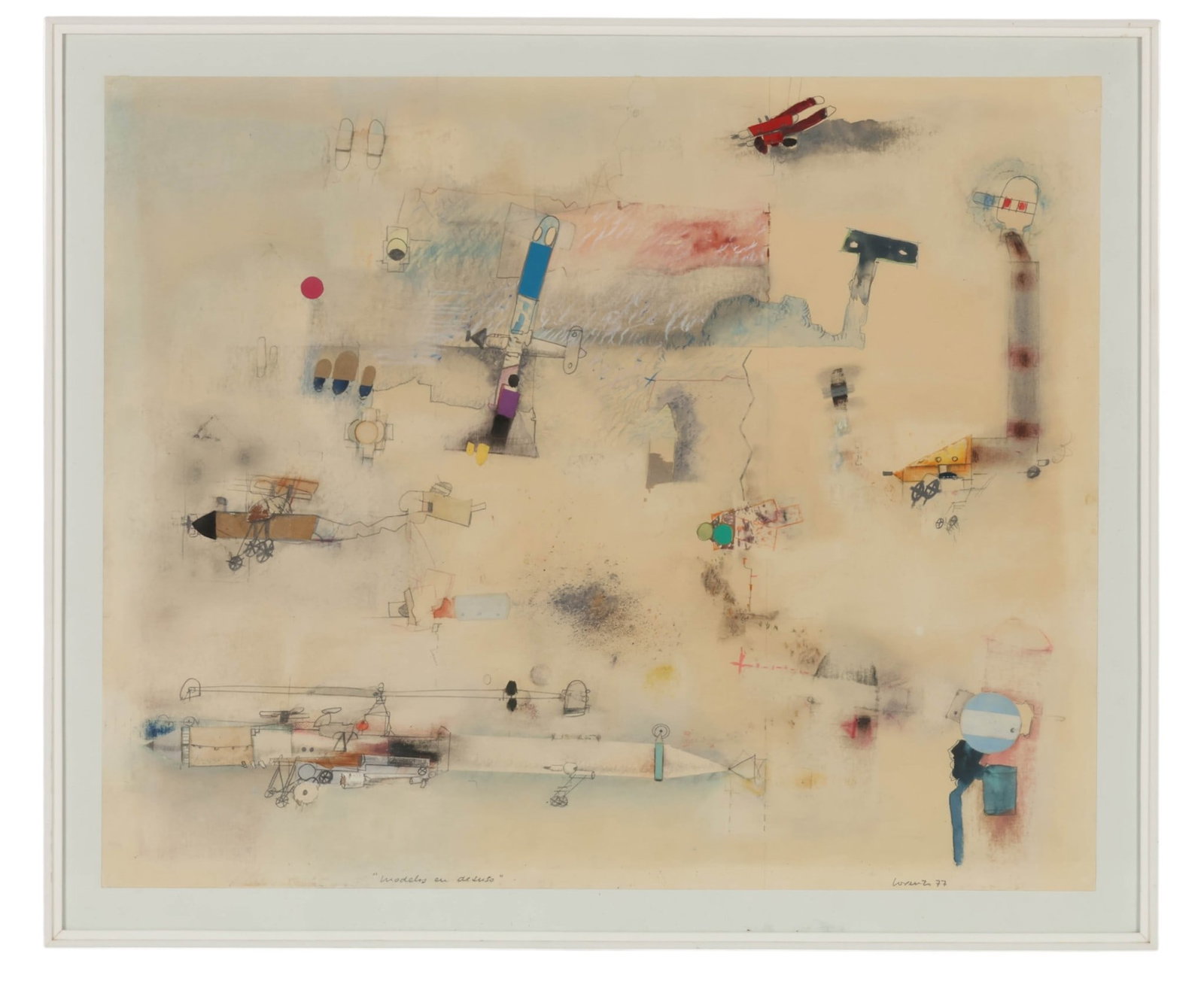 Antonio Lorenzo 1922-2009 Abstract Machine Drawing: Antonio Lorenzo (Spanish, 1922-2009), Obsolete Models, mixed media on paper executed in pencil, ink, watercolor, and pastel, featuring an abstract composition of mechanical, geometric, machine-like an