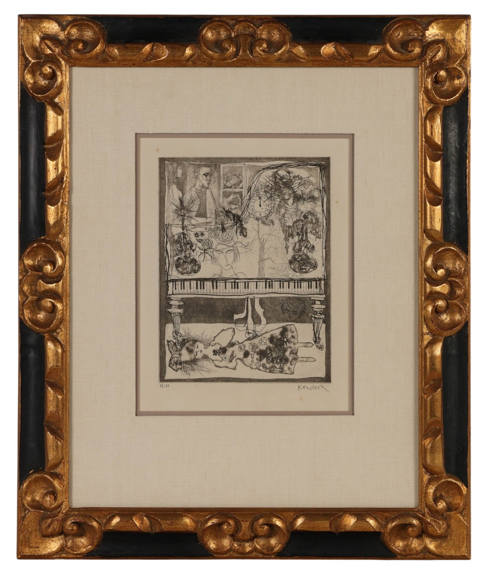 Lajos Kondor 1926-2006 Piano Dream Etching SIGNED: Lajos Kondor (Hungarian, 1926-2006), "Der Traum des Pianisten" (The Pianist's Dream), etching on paper depicting a surreal, dreamlike composition centered on a piano with figures and abstract imagery.