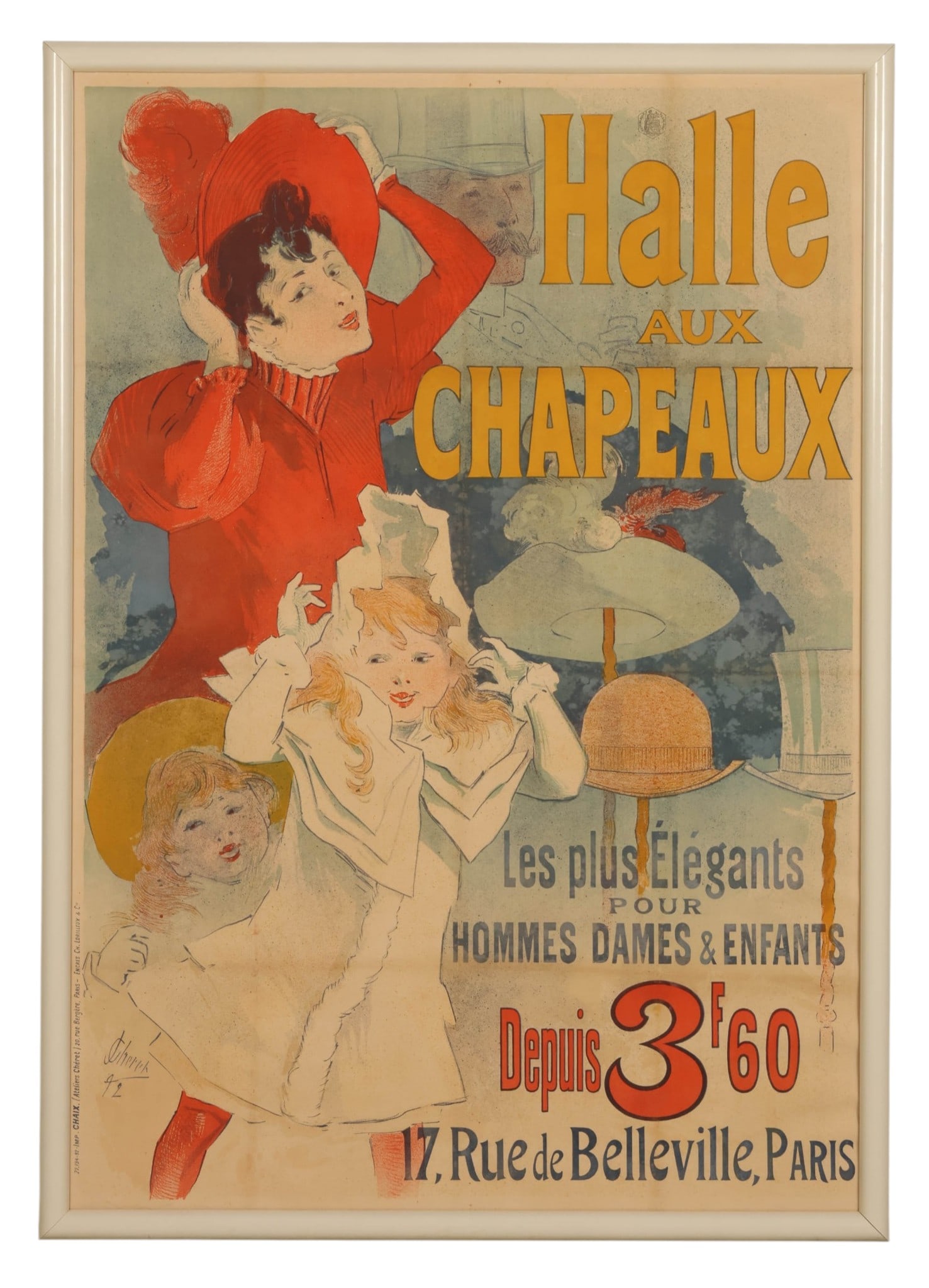 Jules Cheret French "Halle aux Chapeaux" Poster: French Belle Epoque advertising poster on paper after Jules Cheret (French, 1836-1932), titled "Halle aux Chapeaux," for the Parisian hat shop at 17 Rue de Belleville, depicting fashionable women and