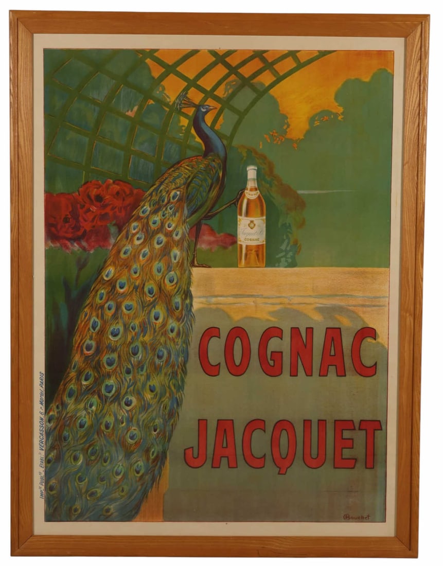 Camille Bouchet "Cognac Jacquet" French Ad Poster: French Cognac Jacquet advertising poster with design by Camille Bouchet (French, 1799-1890), depicting the iconic peacock beside a bottle of Jacquet cognac within a stylized garden setting, with bold