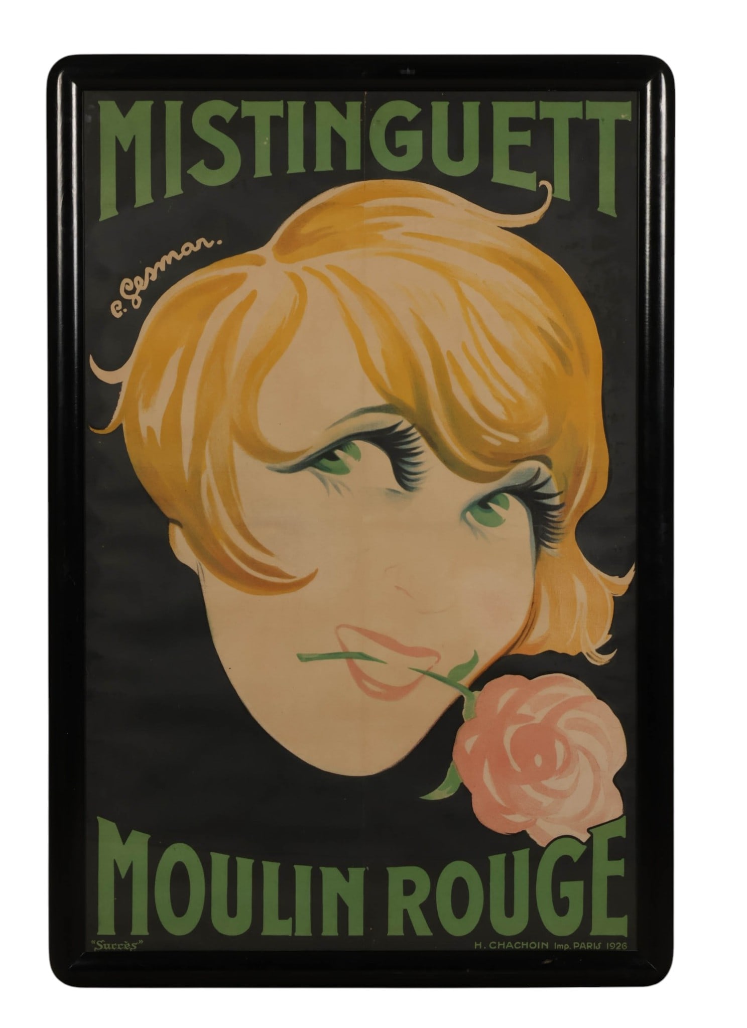 Charles Gesmar "Moulin Rouge" Mistinguett Poster: Charles Gesmar (French, 1900-1928), also known as Charles Geismar, "Mistinguett / Moulin Rouge," color lithograph poster on paper. French Art Deco cabaret advertising poster depicting the celebrated e